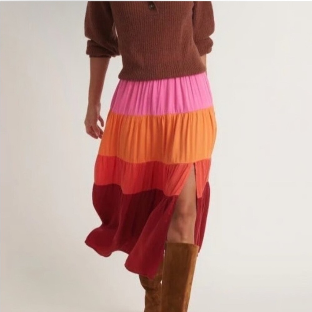 MARINE LAYER Colorblock Tiered Midi Slit Skirt In Fuschia Orange Red Pink Small - Picture 3 of 12